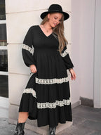 Plus Size V-Neck Long Sleeve Midi Dress with Lace Detail