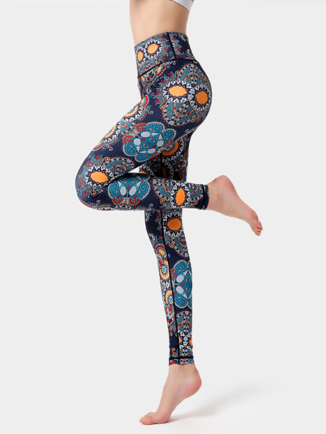 Active Leggings Floral Colorful Printed High Waist Highly stretchy Orange f360393b-9e15-43a2-813a-3468b9fb81e9-Max Trendsi