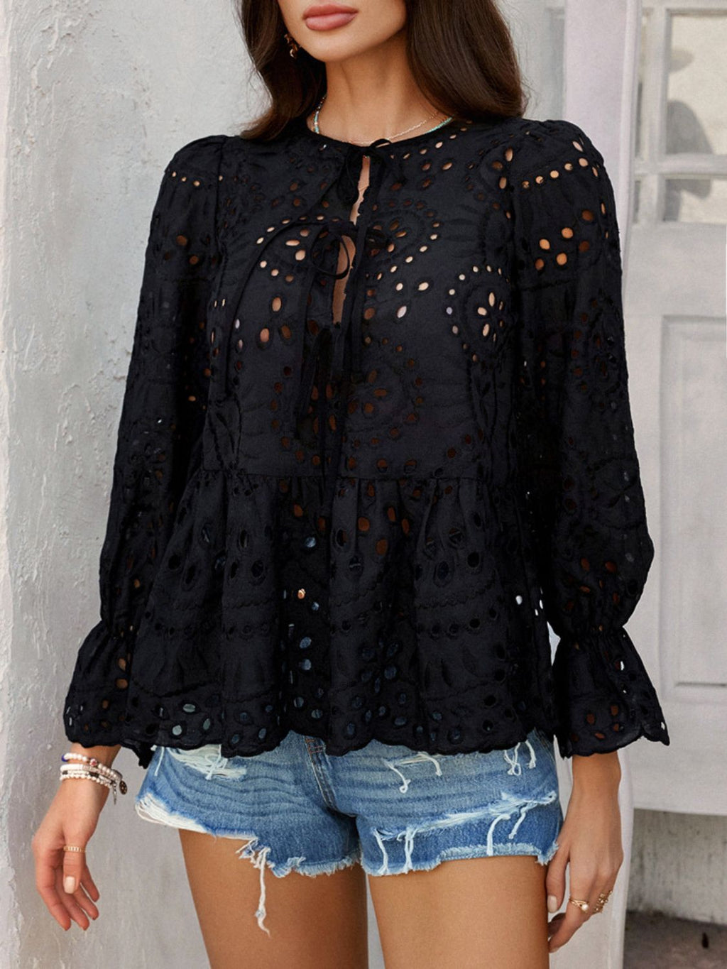 Crochet Blouse Ruffle Tie Front Flounce Long Sleeve Peplum Cut Out Embroidered Black f3669d2f-660f-4d5c-83f3-4c463830aa3f-Max Trendsi