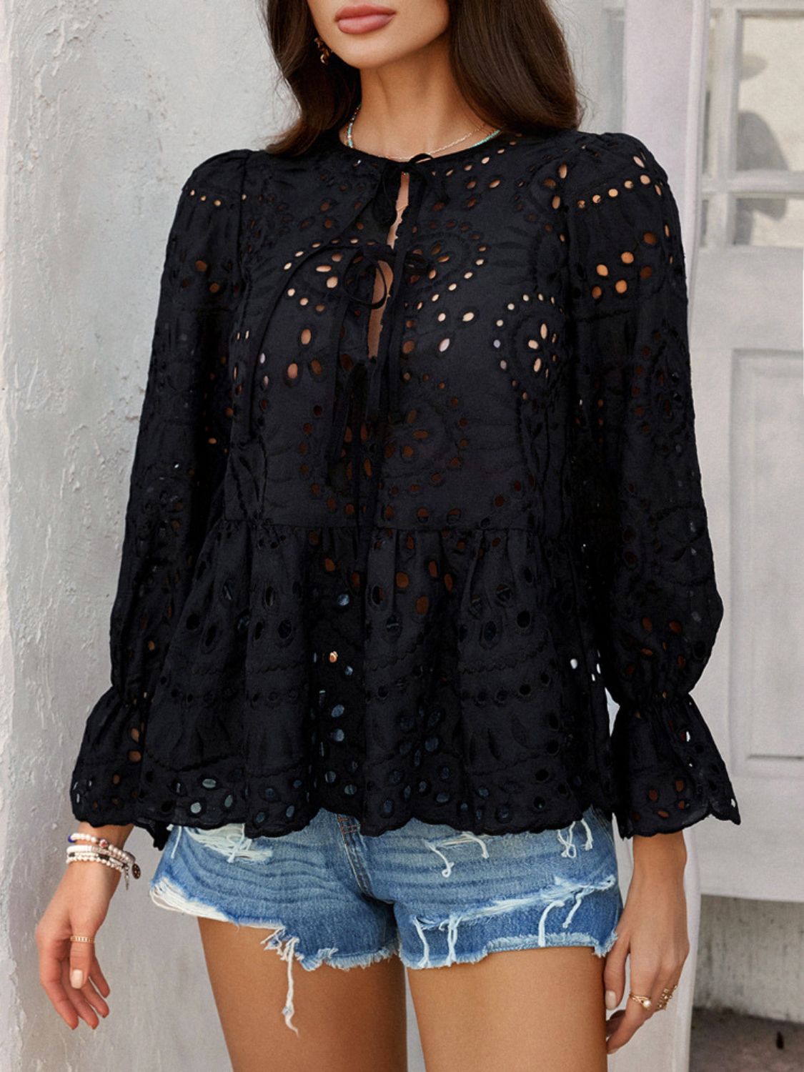 Crochet Blouse Ruffle Tie Front Flounce Long Sleeve Peplum Cut Out Embroidered Black f3669d2f-660f-4d5c-83f3-4c463830aa3f-Max Trendsi