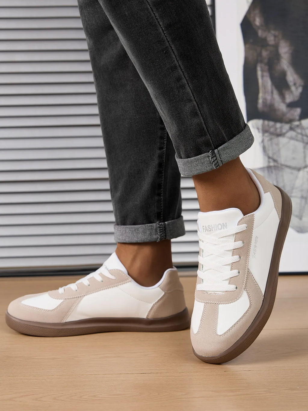 Women's Sneakers Casual Beige Contrast Lace-Up Flat Comfort Shoes f36e8470257e4650a3fb0b176d96997e-Max-Origin Trendsi