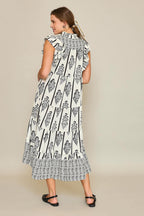 Umgee Midi Dress Cream Black Boarder Print Ruffle Short Sleeve Tiered f370238f-d99b-4034-8a0c-e189adbd23e1-Max Trendsi
