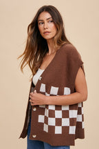 Women's Cardigan Dark Brown Annie Wear Checkered Button Down Short Sleeve f3734451-2715-4354-9fd8-b663dab8bd4d-Max Trendsi