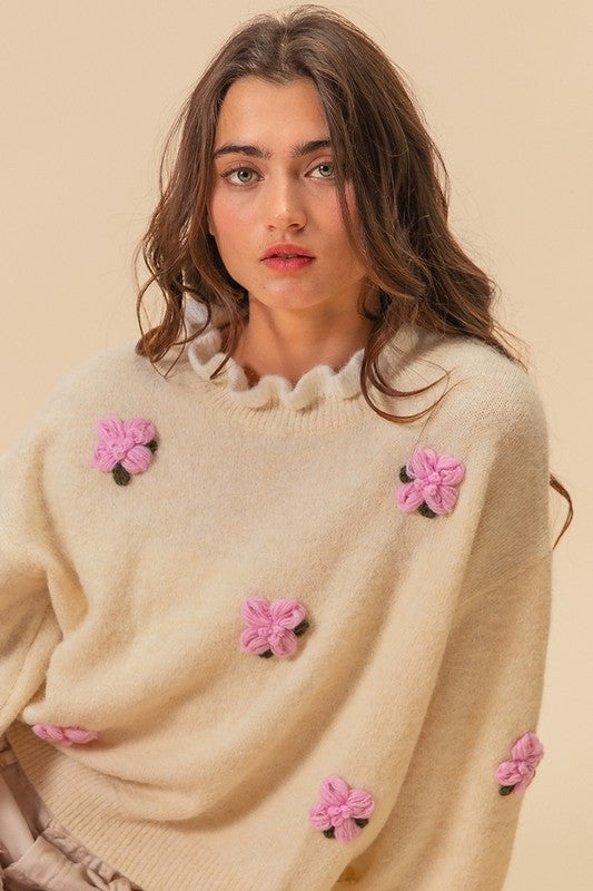 BiBi Sweater Women Ruffled Neck Crochet Flower Applique Long Sleeve Knitwear