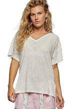 POL T-Shirt Ribbed Knit V-Neck Off White Short Sleeve with Side Slit Top f3825acc-f725-4fcf-b130-357b5a6596fa-Max-Origin Trendsi