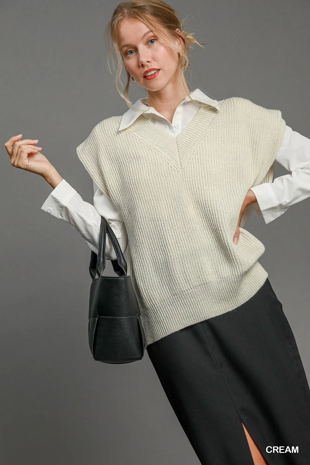 Umgee Sweater Vest Oversized Cream V Neck Ribbed Short Sleeve Basic Style f383975c-f8b1-4350-b39c-58ce846cc55c-Max-Origin Trendsi