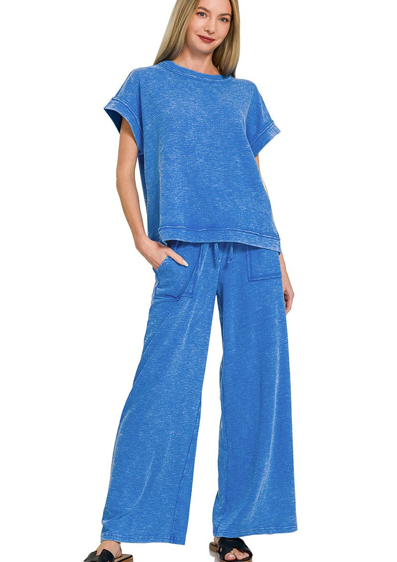 Zenana Washed Slub Short Sleeve Tee & Long Pants Set