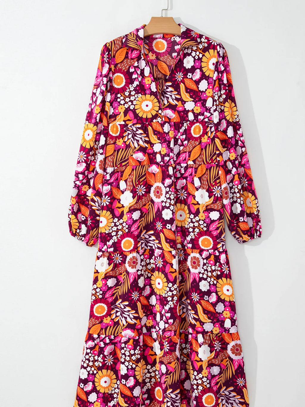 Midi Dress Hot Pink Colorful Floral Print Long Sleeve with Pockets f388fbf8d4bc4b7280871b03254c1b52-Max-Origin Trendsi