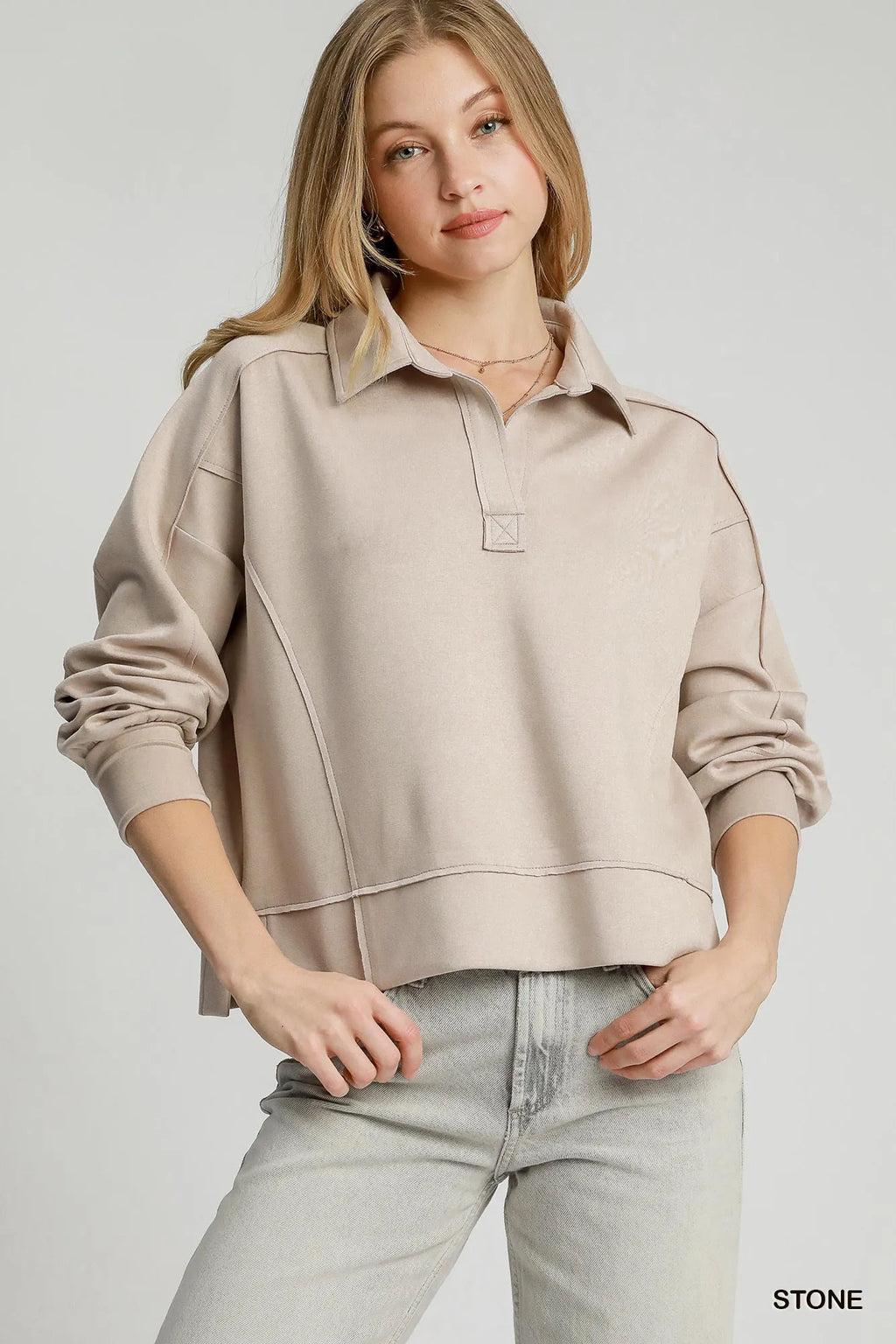 Umgee Polo T-shirt Exposed Seam Long Sleeve Snad Color Top with Side Slit STONE f38a2716-203a-4cb5-ae67-1c3b830cf265-Max-Origin Trendsi