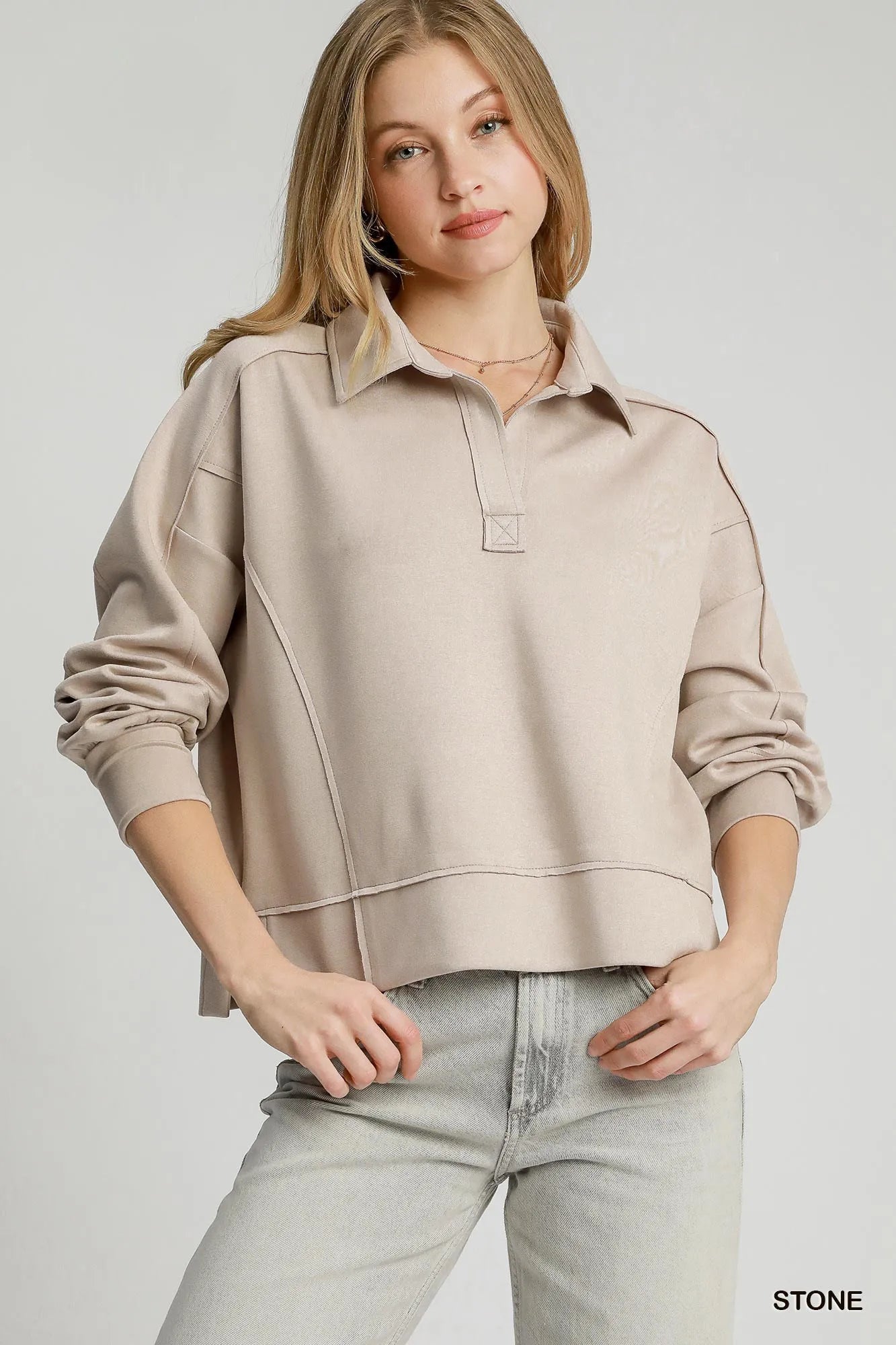 Umgee Polo T-shirt Exposed Seam Long Sleeve Snad Color Top with Side Slit STONE f38a2716-203a-4cb5-ae67-1c3b830cf265-Max-Origin Trendsi