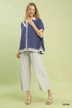 Umgee Women Blouse Blue Linen Button Front Top with Contrast Piping Top f38ded37-6ddd-4899-8e0c-98c732b74c25-Max-Origin Trendsi