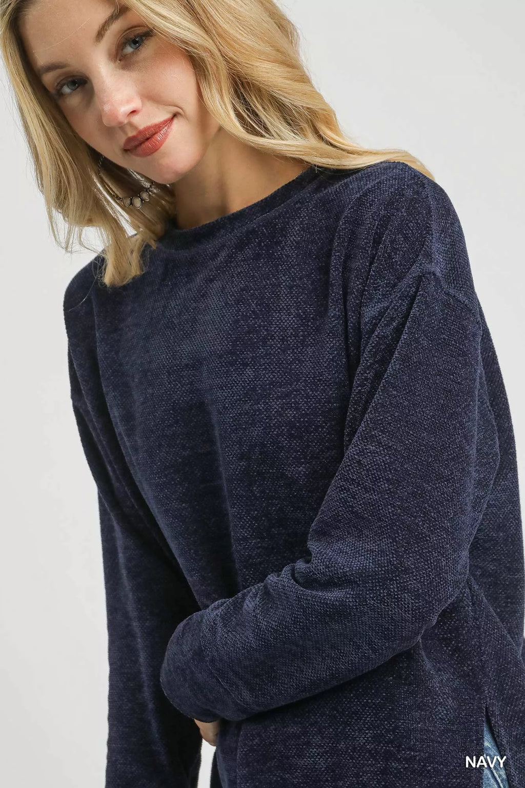 Umgee Navy Blouse Round Neck Long Sleeve Side Slit Top f392a5cb-d5eb-4ce6-a1b8-f1f20e0a6559-Max-Origin Trendsi