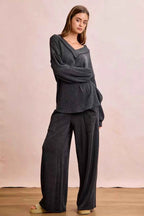BiBi Women Tracksuit Set Black Cord Rib Contrast Stitch V-Neck Top and Pants f399d36dd5ce4d51baee35065e876e79-Max-Origin Trendsi