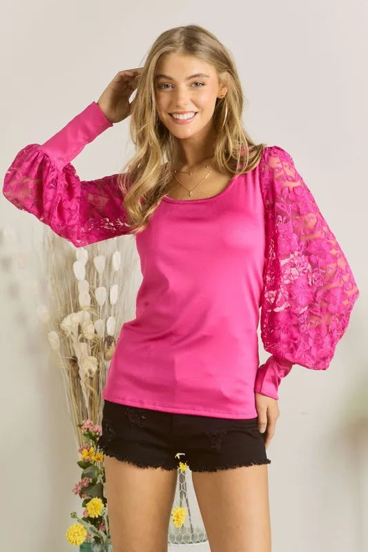 ADORA Lace Splicing Puff Sleeve Top