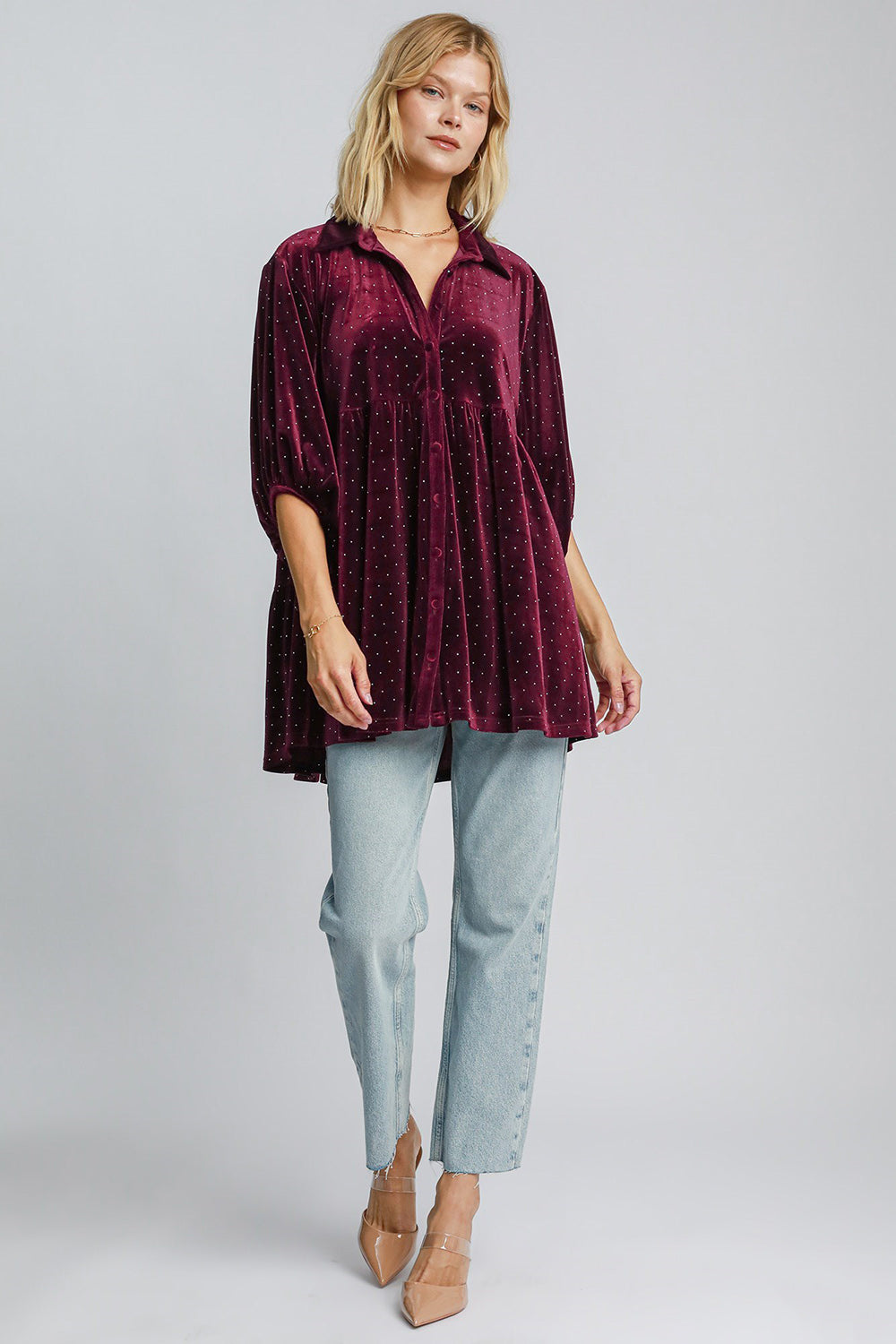 Umgee Shirt Blouse Women Burgundy Velvet Polka Dot Button Up Half Sleeve f39f536a-e73a-4828-a653-cf8dc409490d-Max Trendsi