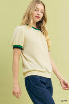 Umgee Womens Knit Top Ecru Puff Sleeve with Contrast Rib Trim Short Sleeve f3b4f108-27ca-4bd4-aacd-6c1687458d88-Max-Origin Trendsi