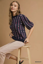 Umgee Womens Sweater Jacquard Knit Midnight Bue Puff Sleeve Pullover f3ba39c1-a5b8-465d-bcd5-14b40396b931-Max-Origin Trendsi