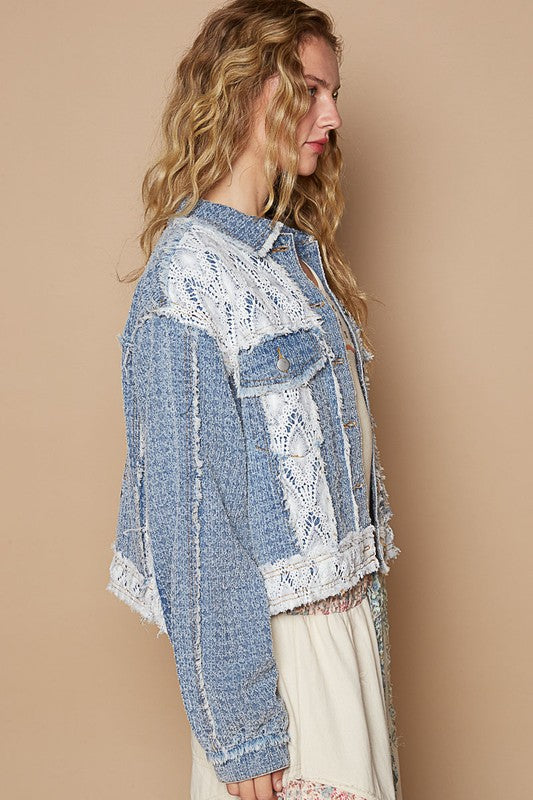 POL Jacket Crochet Lace Patch Embroidered 100% cotton Blue Long Sleeve Pockets