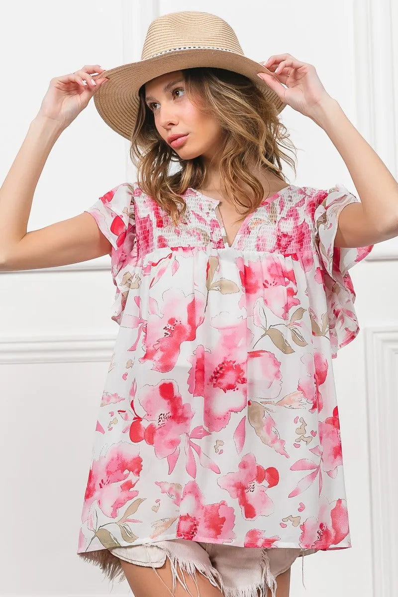 BiBi Blouse Ruffled Floral Print Flutter Sheer Top Short Sleeve f3c56acb15c7413eb9819991d6a74d9c-Max-Origin Trendsi