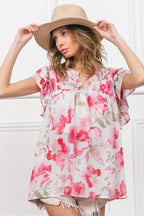 BiBi Blouse Ruffled Floral Print Flutter Sheer Top Short Sleeve f3c56acb15c7413eb9819991d6a74d9c-Max-Origin Trendsi