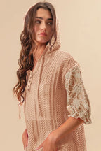 BiBi Hooded Knit Top Taupe Jacquard Flower Puff 3/4 Sleeve Button Tied f3c8ab461a8a46d28016f0c24849b596-Max-Origin Trendsi