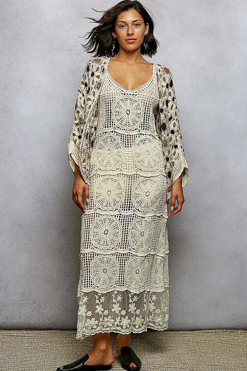 POL Crochet Knit Cardigan Gray Multi Open Front Floral Pattern f3c93509-7881-4737-8f4a-89a96eb9c147-Max-Origin Trendsi