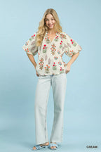 Umgee Womens Blouse Cream Floral Print Puff Short Sleeve Scallop Hem Top f3ca341c-3732-4f12-9276-2e6529abc763-Max-Origin Trendsi