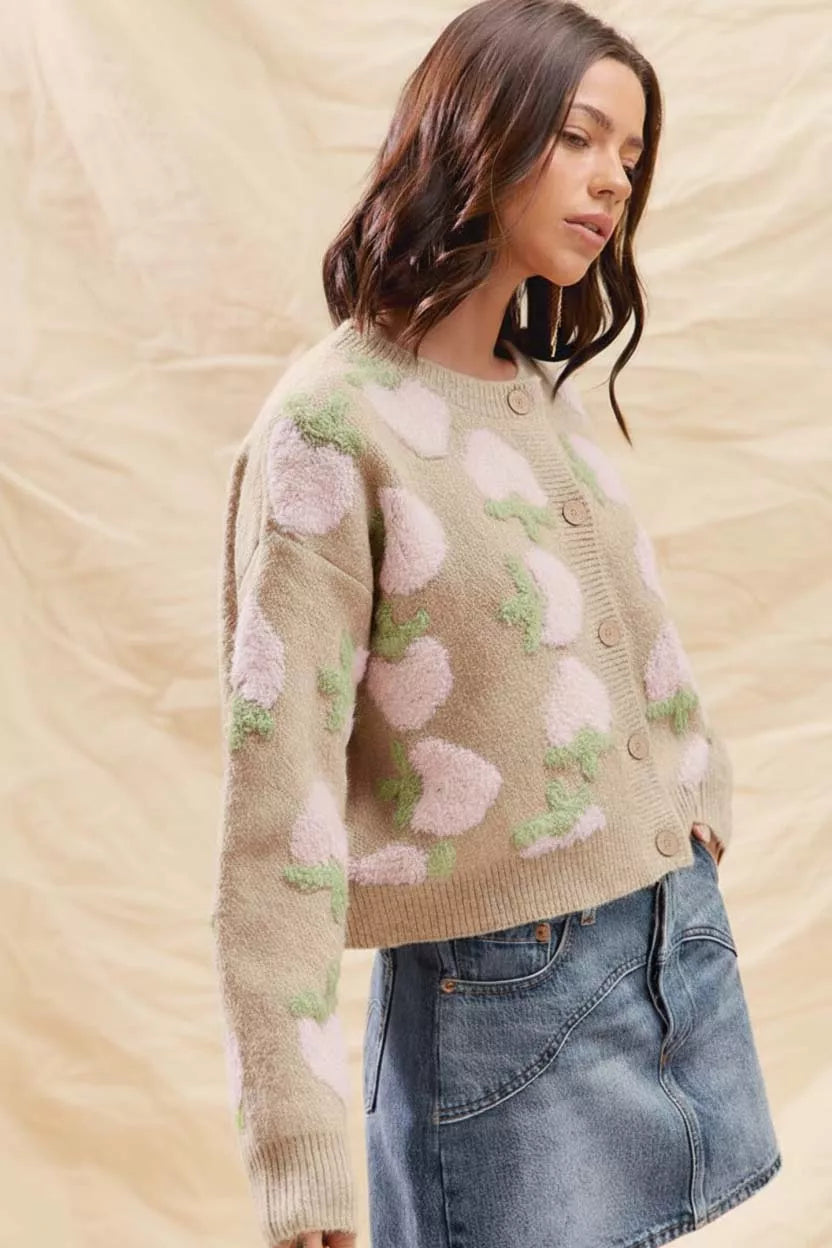 SO ME Womens Cardigan Strawberry Fruit All Over Button Sweater f3ccd715-936a-46bd-b04b-06ff78461740-Max-Origin Trendsi