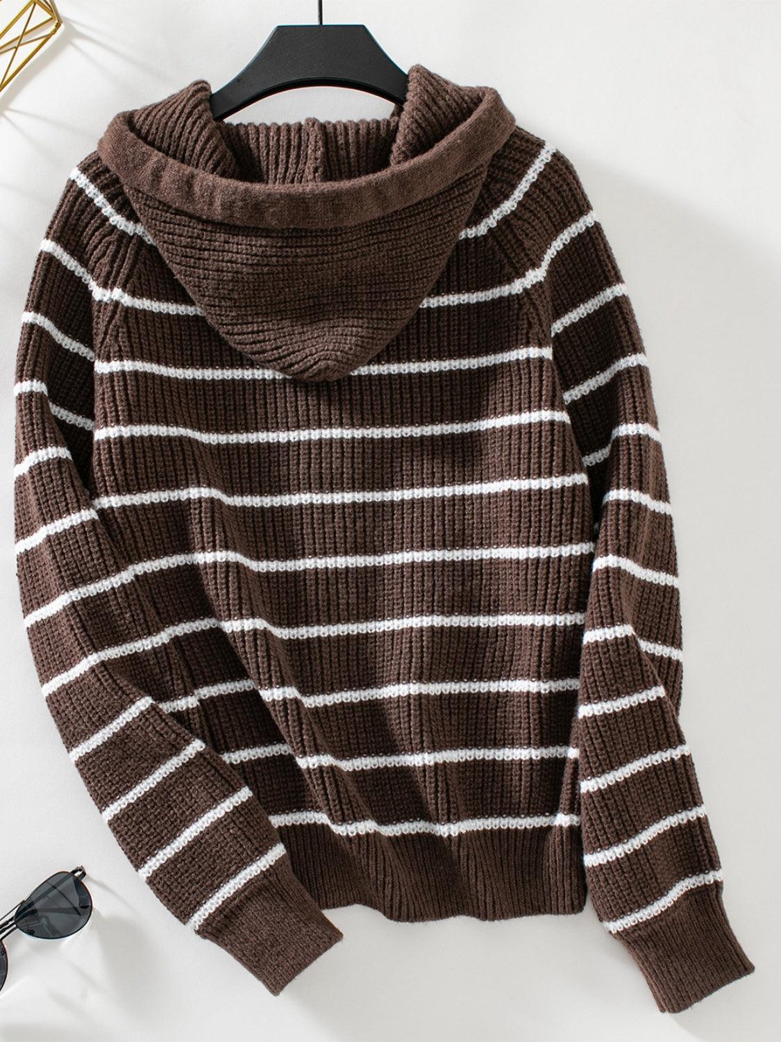 Striped Cardigan Button Up Long Sleeve Hooded Knitwear f3e2771b-a8d8-4b25-ae90-7ec67d8b0a8a-Max Trendsi