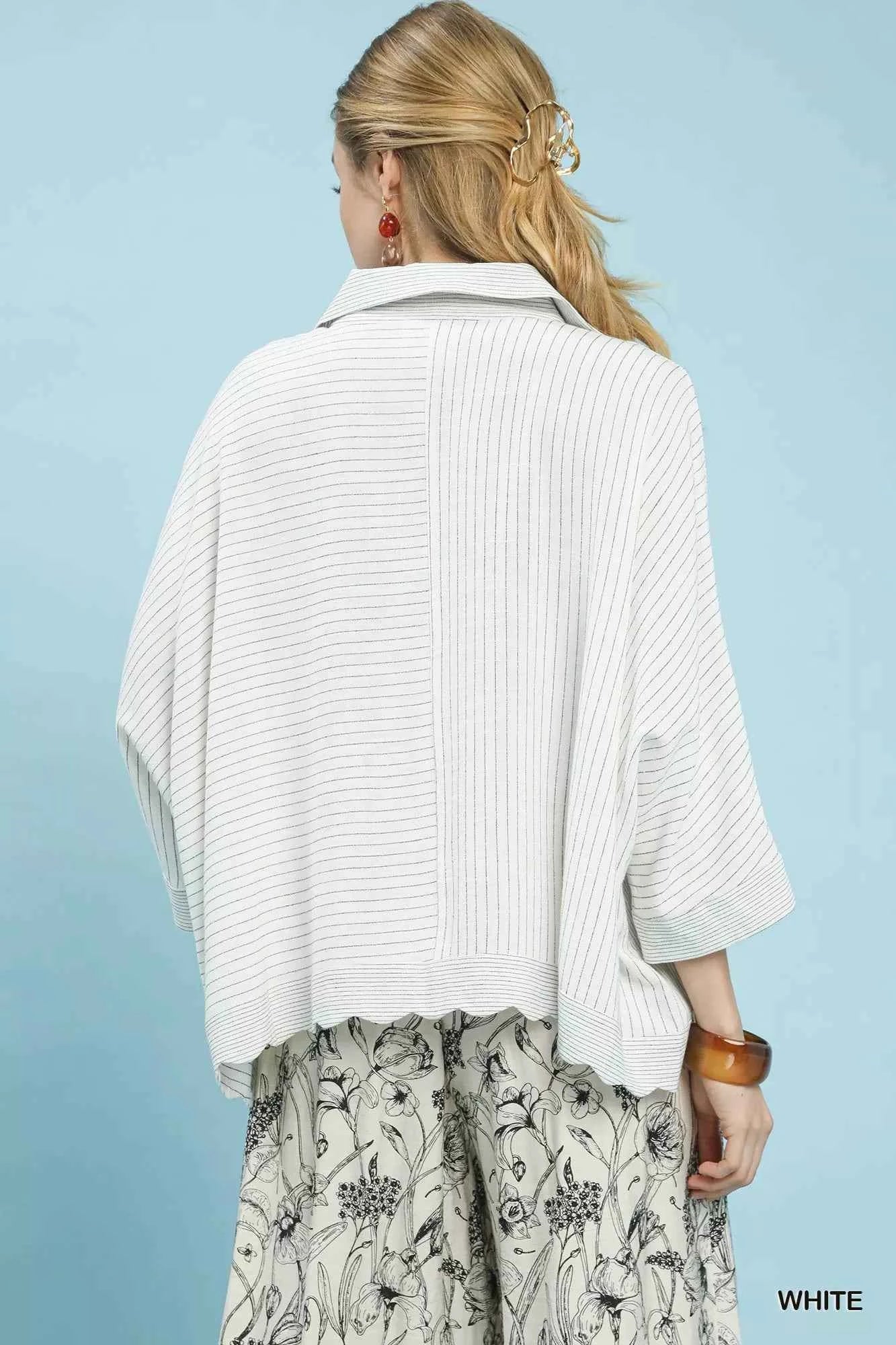 Umgee Shirt Oversized Striped White Short Sleeve Top f3e9a447-af32-4839-9d27-a3d291befc20-Max-Origin Trendsi