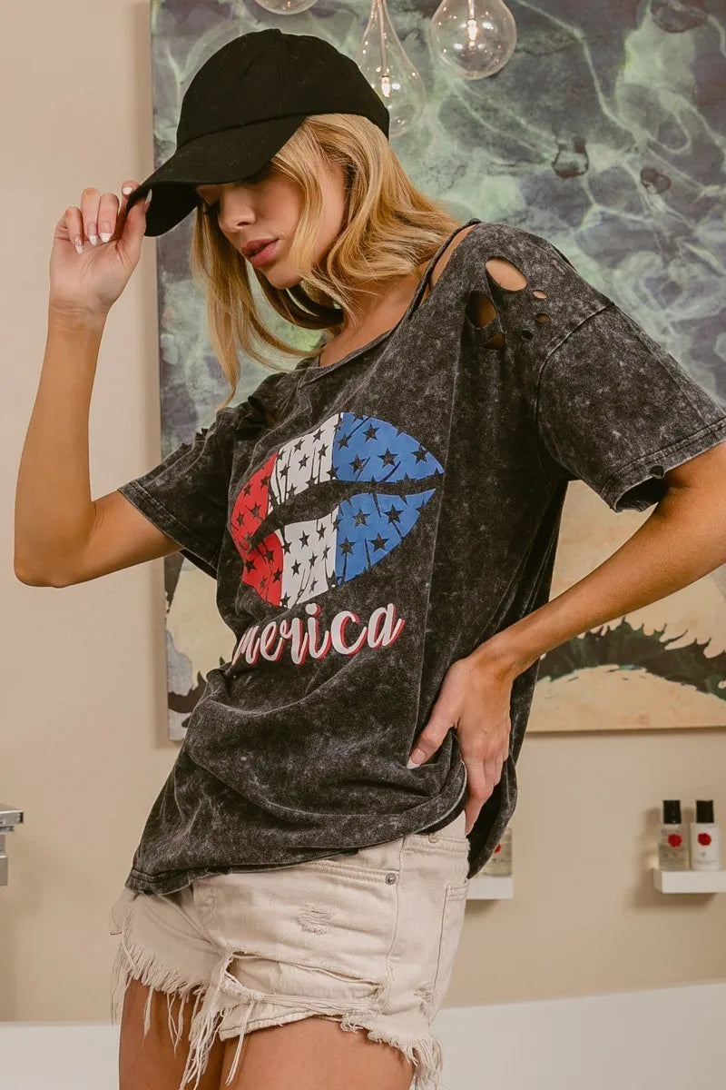 BiBi Cotton T-shirt Laser Cut Mineral Washed Distressed Old Glory Lip Print Top f3ea2163f87441798cfa8914e6ab9b88-Max-Origin Trendsi