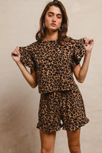 BiBi Leopard Outfit Set Waffle Texture Layered Ruffle Sleeve Top and Shorts f3ec468f8e2d4003b17c30db8bb3a26c-Max-Origin Trendsi