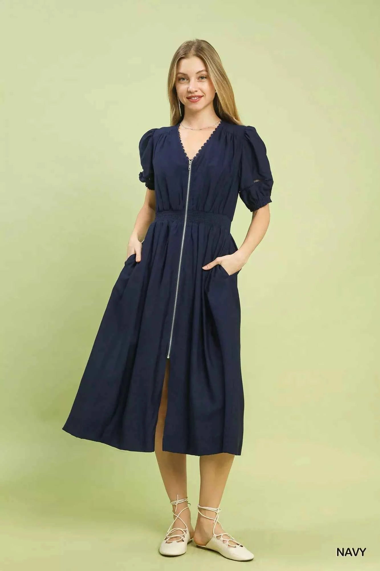 Umgee Midi Dress Navy Blue Zip-Front Smocked Waist Short Puff Sleeve f3f5afa5-7c09-43c6-b078-602e9531debd-Max-Origin Trendsi