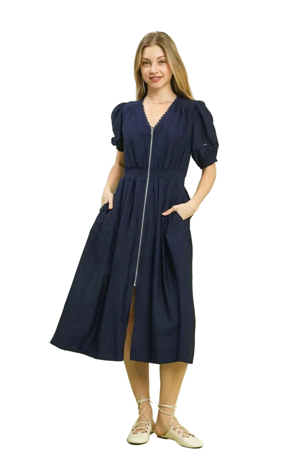 Umgee Midi Dress Navy Blue Zip-Front Smocked Waist Short Puff Sleeve f3f5afa5-7c09-43c6-b078-602e9531debd-Max-Origin Trendsi
