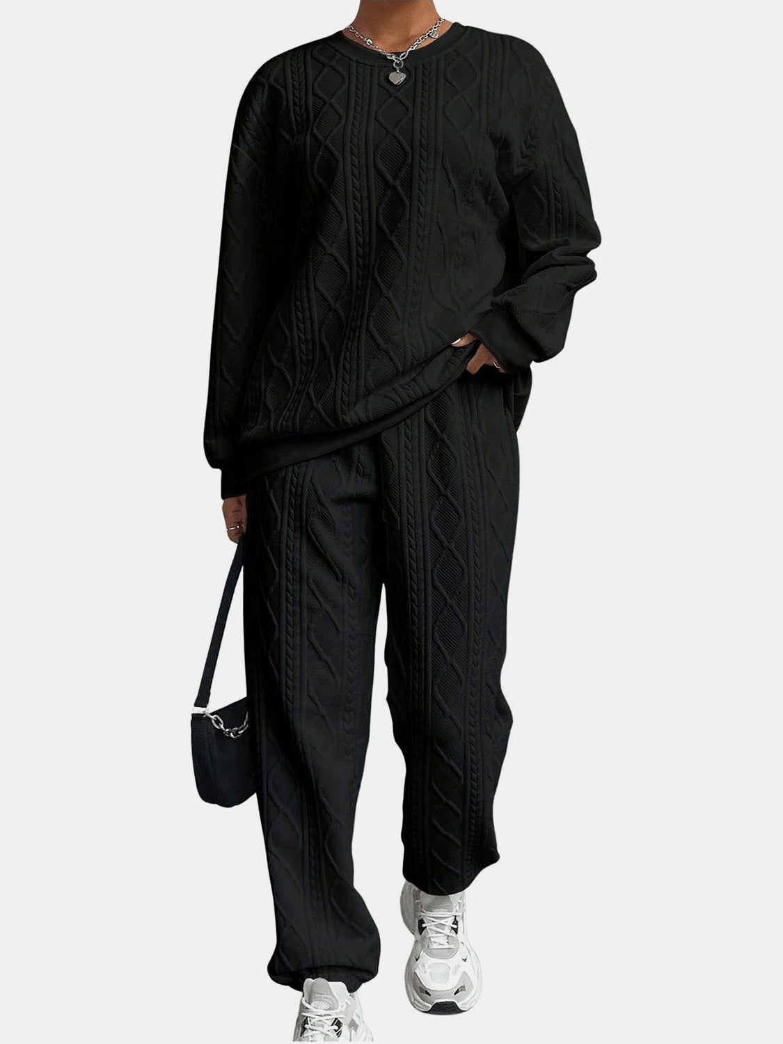 Women’s Set Sweatshirt Textured Diamond Long Sleeve Top And Pants 2 Pcs Black f3f8b7ef-10e7-41f6-aec8-449376e9ee7f-Max Trendsi