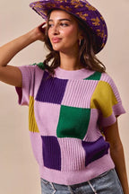 SO ME Casual Sweater Top Women Mardi Gras Check Plaid Short Sleeve Top f406d22cb5d54dbba16d843d4a2f8596-Max-Origin Trendsi
