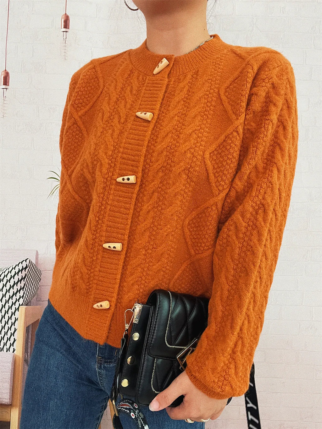 Women's Cardigan Cable Knit Button-Up Long Sleeve Knitwear Orange One Size f4088cd1173c40cfa3a9a65636633278-Max-Origin Trendsi