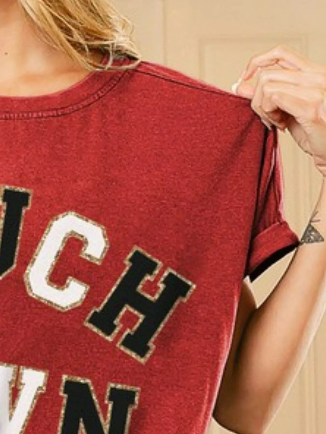 BiBi T-shirt Touchdown Letter Loose Fit Washed Short Sleeve Top f40d85d8-f157-4b2f-aba2-a76d73a92968-Max-Origin Trendsi