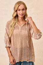 BiBi Hooded Knit Top Taupe Jacquard Flower Puff 3/4 Sleeve Button Tied f413b287-75fd-4387-9cf7-be6553452f78-Max-Origin Trendsi