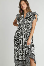 Umgee Midi Dress Floral Black Two Tone Border Print Ruffle Cap Short Sleeve Black f414a764-a0d2-40a7-b0eb-5e2be88cb5a9-Max Trendsi