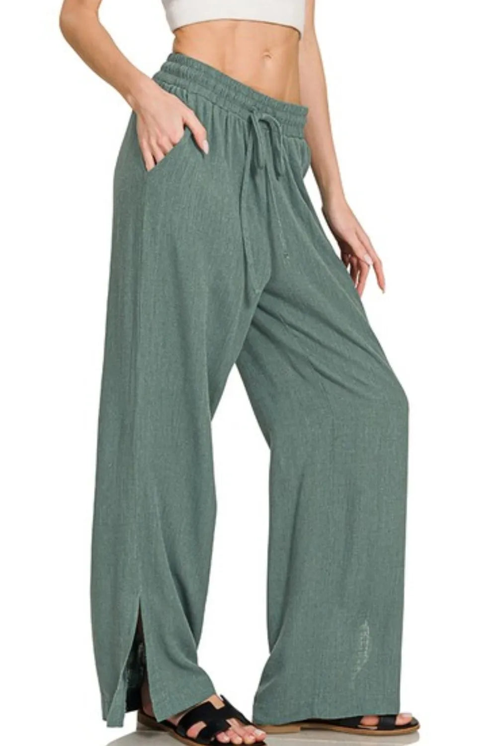 Zenana Linen Pants Drawstring Waist Wide Leg Ash Jade Pocketed Slit Trousers f418f5f7-f01c-41d4-bc42-fbeb3ce10286-Max-Origin Trendsi