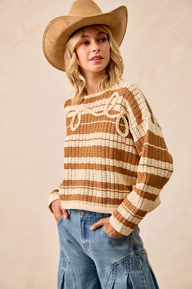 BiBi Womens Brown Striped Open Knit Sweater Top with Front Braided Detail f4197cdd06974ac7a9f85cdbd4787b73-Max-Origin Trendsi