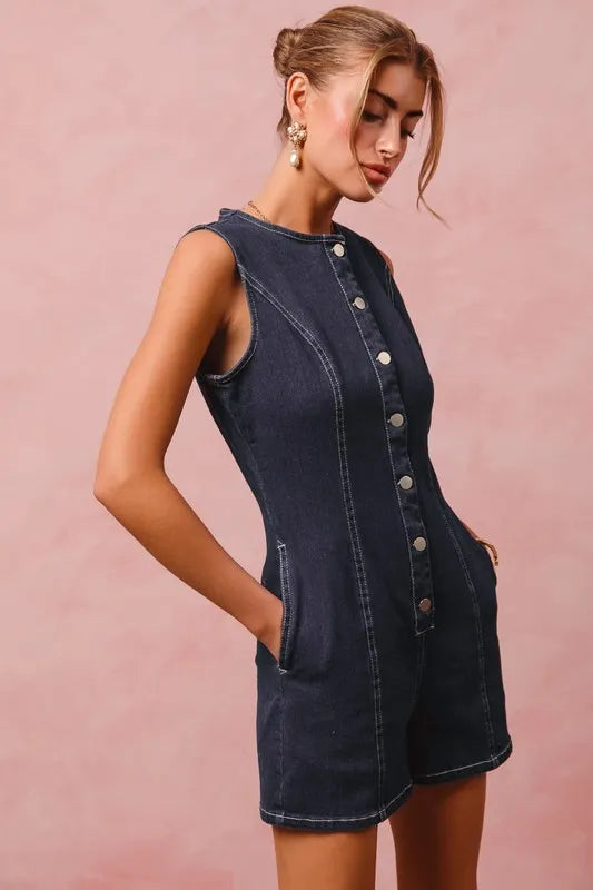 SO ME Denim Romper Button Up Front Dark Washed Sleeveless Jumpsuit f41d0262623d47d89e04ec70add00a66-Max-Origin Trendsi