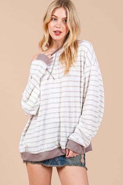 Ces Femme Striped Sweatshirt Drop Shoulder Taupe/Mocha Taupe Mocha f41def6b-179e-40af-9af5-34bd297982fe-Min Trendsi