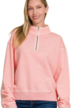 Zenana Sweatshirt French Terry Pigment Dye & Enzyme Washing Half Zip Top f422cd30-3c54-4d03-b755-78b582cb7708-Max-Origin Trendsi