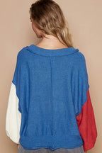 POL Women Sweater 100% cotton Exposed Seam Contrast V-Neck Lantern Sleeve f42c9f59-080b-41fe-8838-e7a625171efe-Max Trendsi