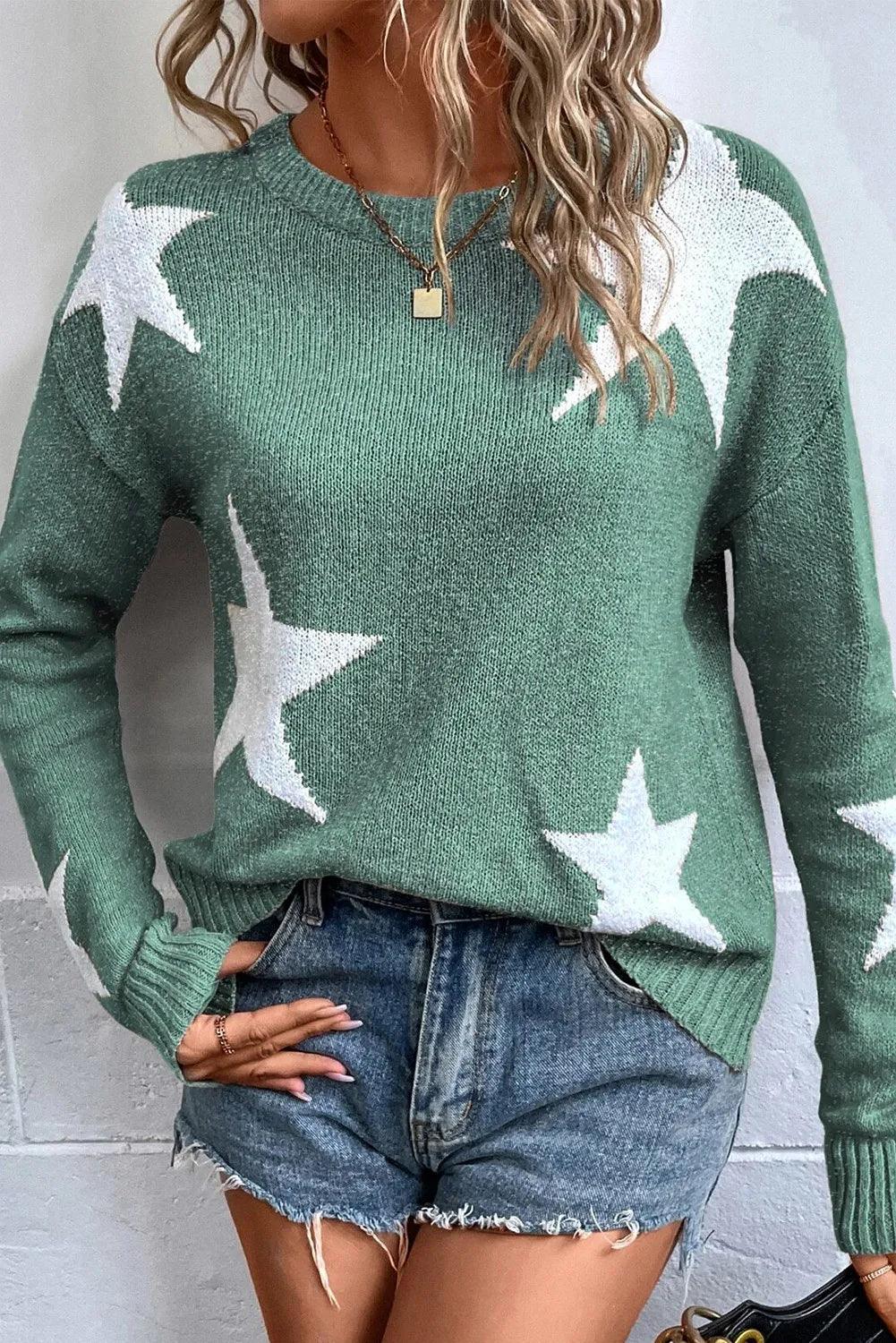 Star Sweater Round Neck Dropped Shoulder Knitwear Sage