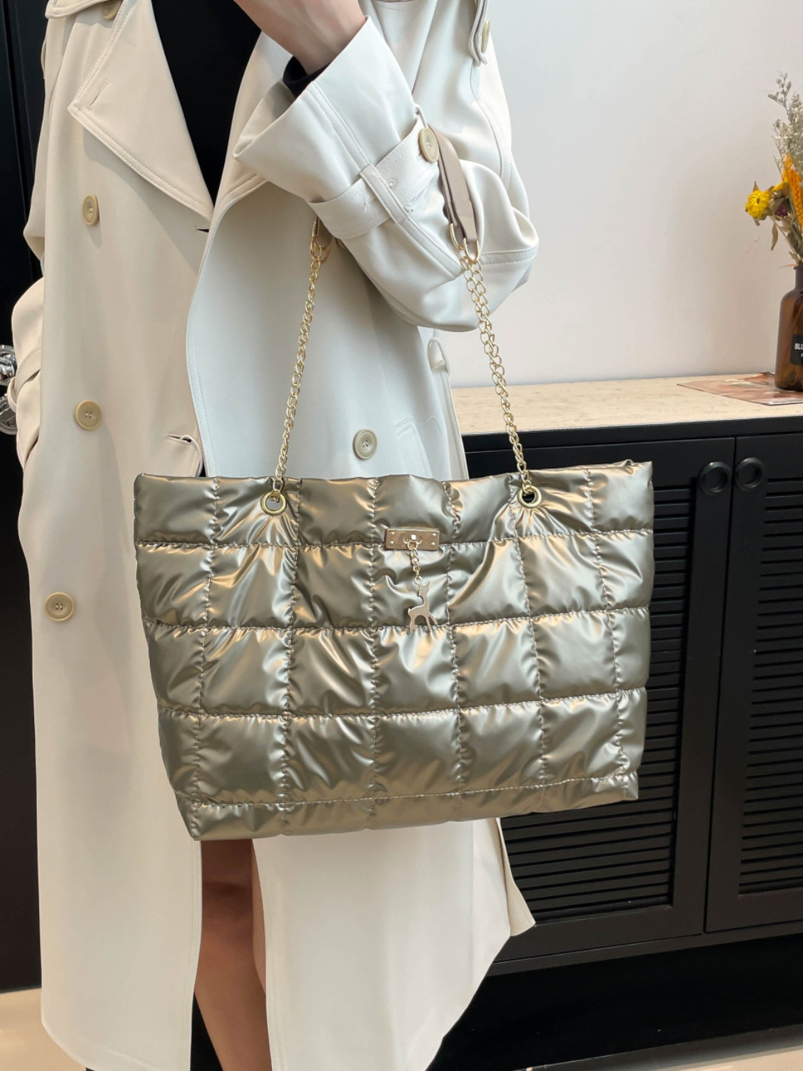 Large Tote Bags Bubble Texture Quilted Chain Strap Women Zip Shoulder Bag