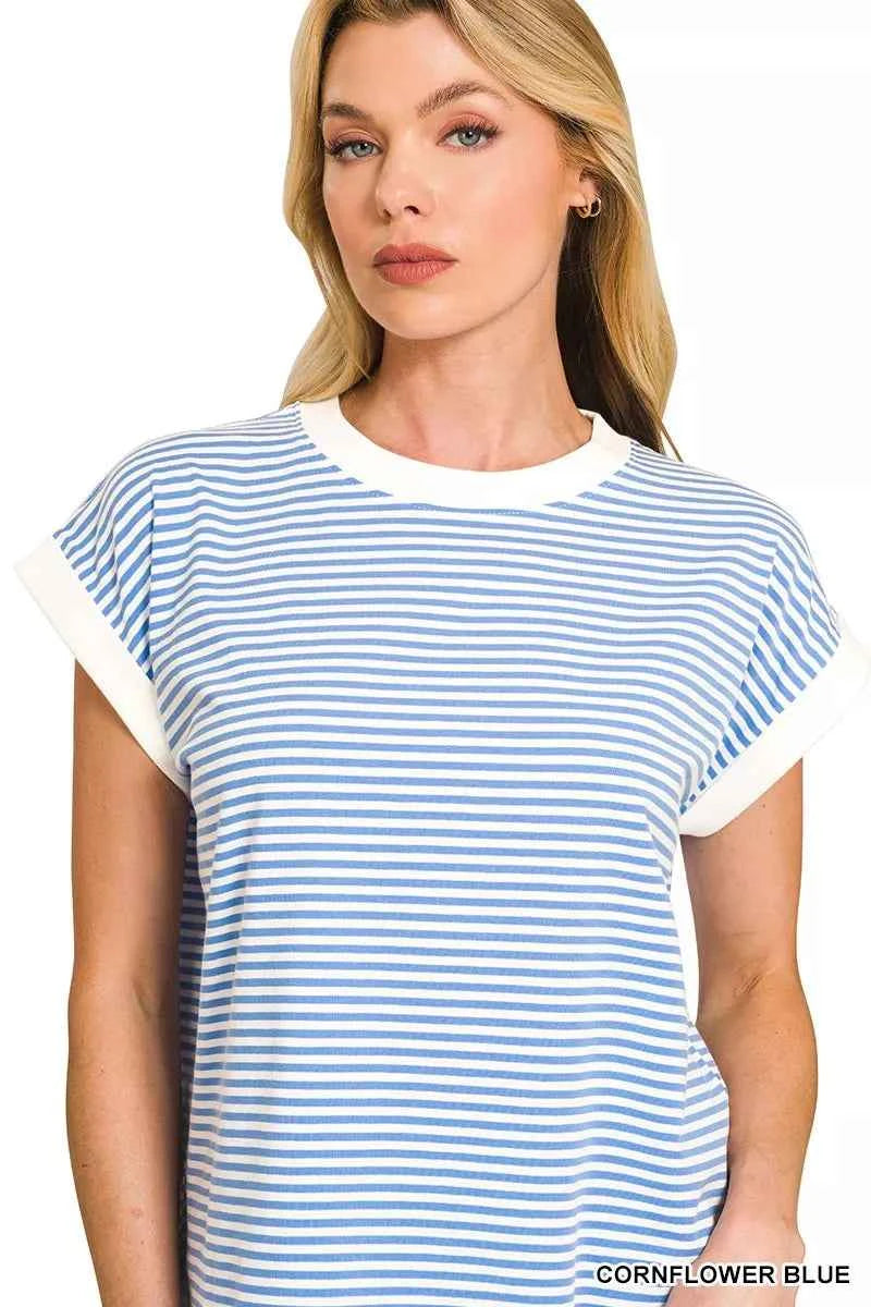 Zenana Striped T-Shirt Blue Round Neck Short Sleeve Contrast Trim Top f4309889e0024eaa8218171abe9b1cfd-Max-Origin Trendsi
