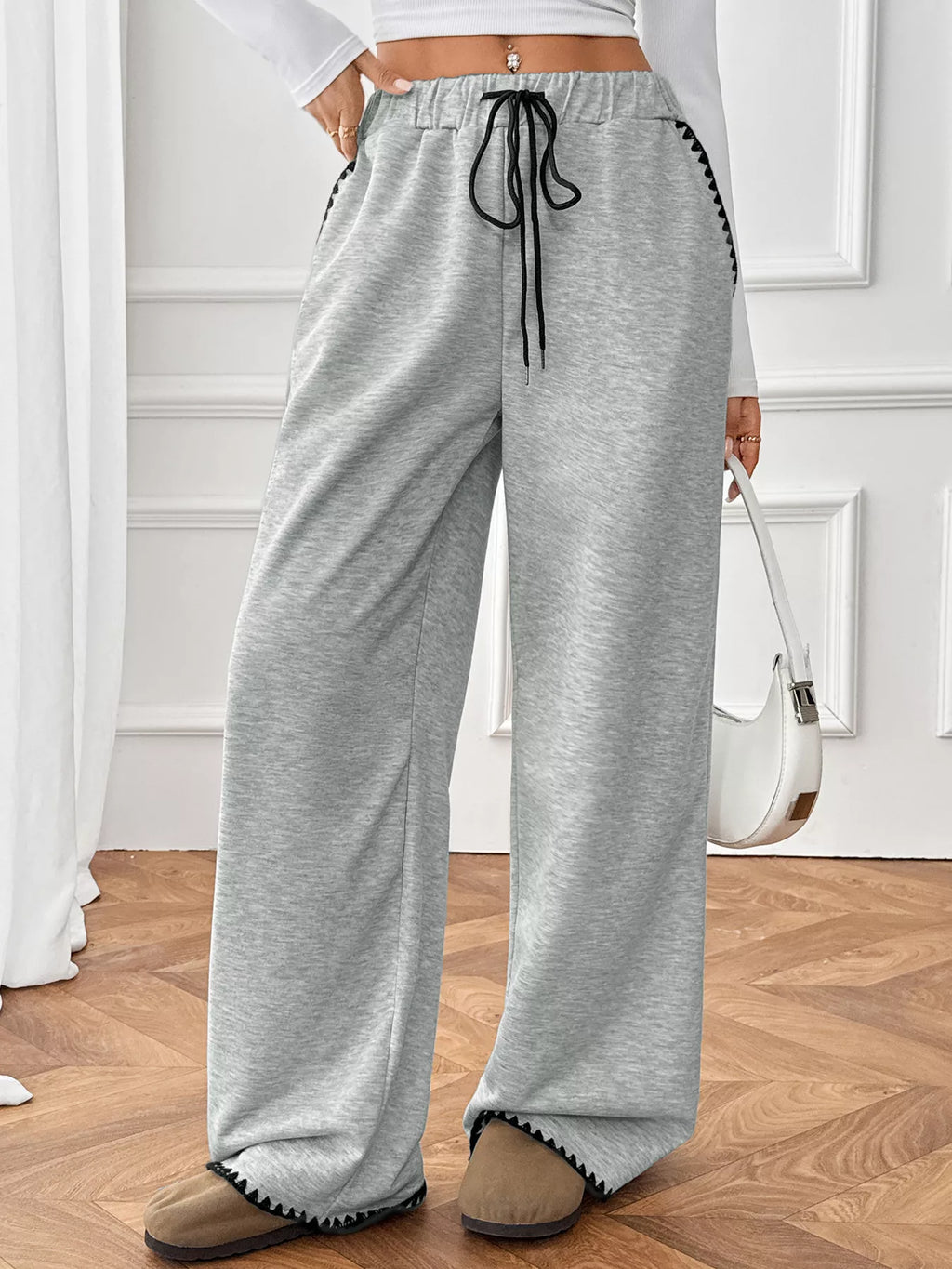 Women's Pants Cotton Gray Wide-Leg Drawstring Pocketed with Trim Joggers f431bae25dc64d81802e06596915ac51-Max-Origin Trendsi